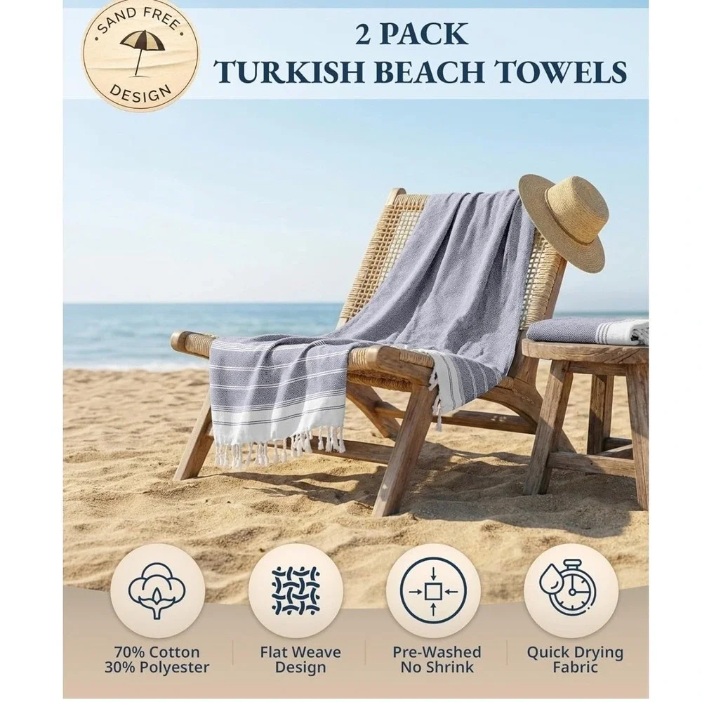 Lane Linen Turkish Beach Towels 2 Pack 39x71 Blue New Sand Free Quick Dry Fringe